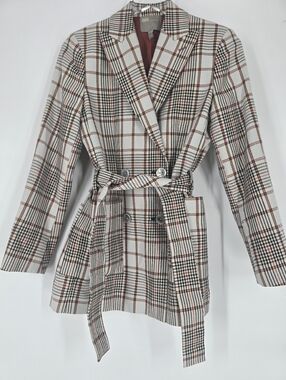 ASOS Brown Cream Check Belted Check Blazer Size 4